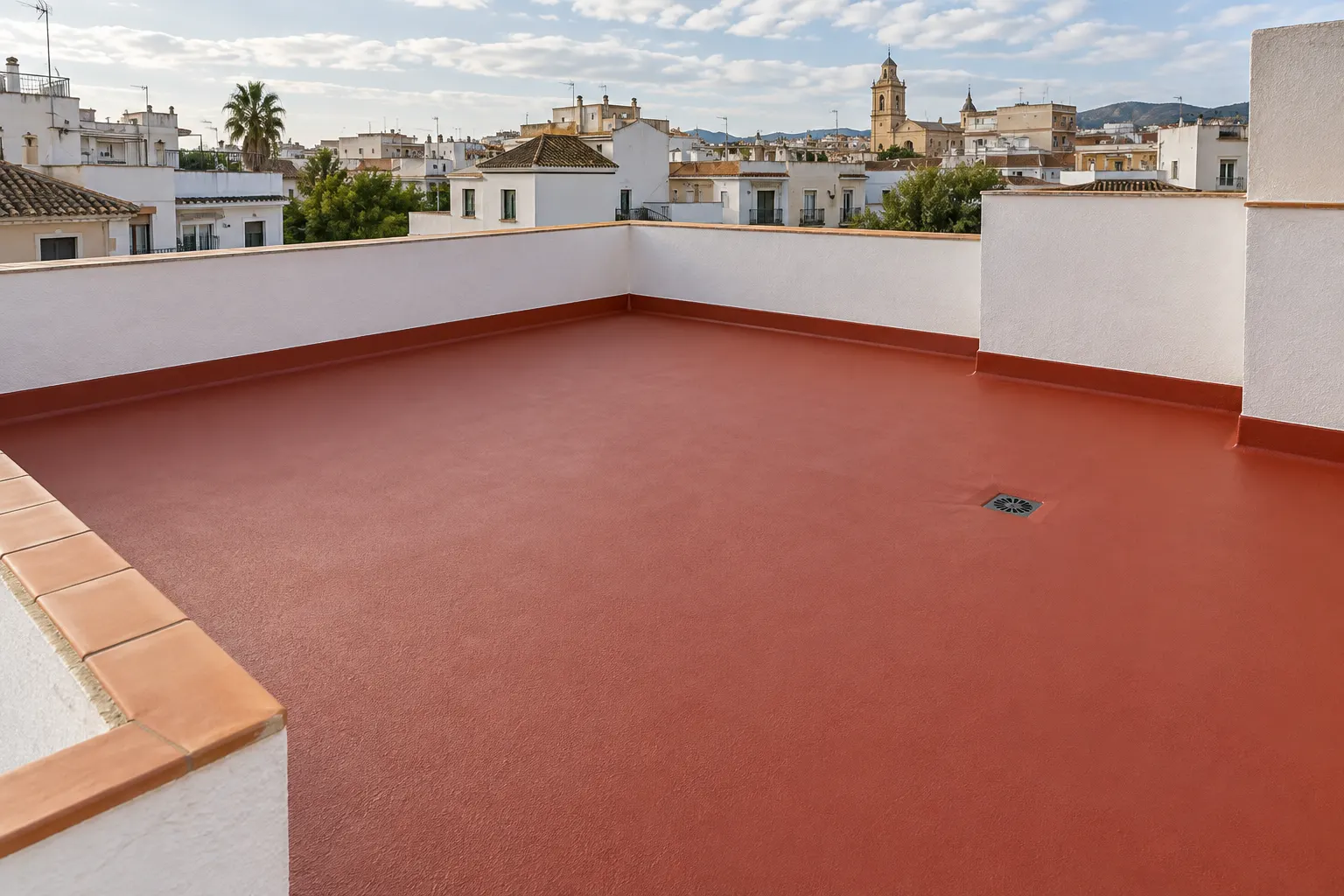 Azotea con revestimiento impermeabilizante continuo rojo teja y petos blancos.
